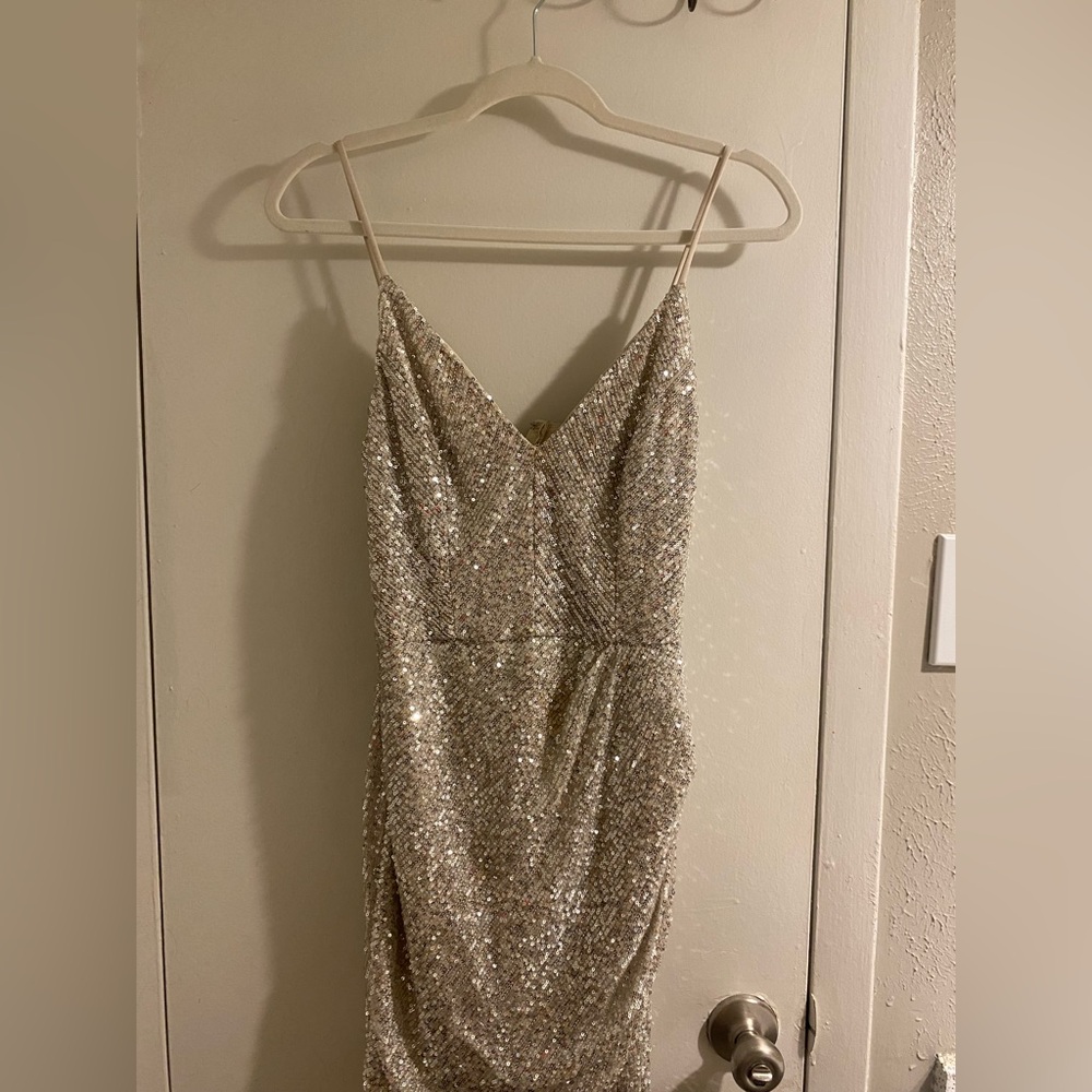 Crystal sky sequin faux wrap mini dress in size medium